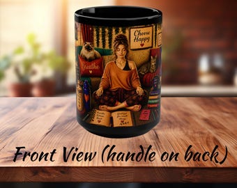 Gezellige meditatiemok met kalmerende affirmaties, huisdieren en een warm decor. Perfect voor rustige ochtenden met je favoriete warme drankje. Geweldig cadeau!