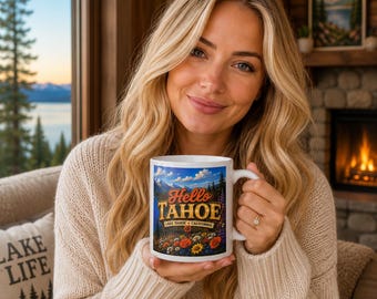 Hello Tahoe Cozy Jumbo 20 oz Mug featuring vibrant mountain lake art, wildflowers & vintage California cabin vibes. Great Gift!
