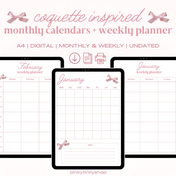 2024 Coquette Monthly & Weekly Calendar A4 Size Digital Printable PDF GoodNotes Notability Coquette Pink Undated Planner