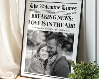 Valentines Day Couple Newspaper Sign, Couple Photo Print, Anniversary Gift, Valentine's Day Gift, Gift for Wife, Gift for Husband, Wall Art