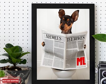 Custom Pet Portrait, Dog Reading Newspaper on Toilet, Funny Bathroom Art