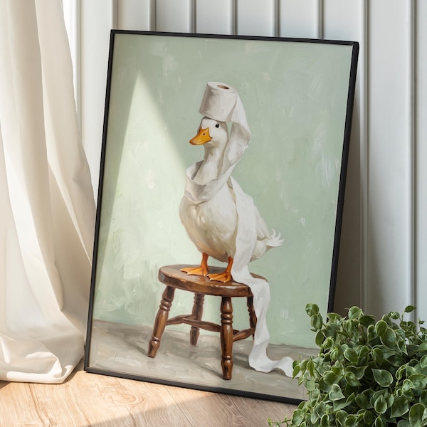 Funny Goose with Toilet Paper Poster, Duck Art Print, Quirky Bathroom Wall Decor