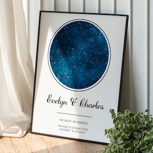May include: A blue and white star map print with the names "Evelyn & Charles" and the text "The night we married, Saturday, 12 October 2024, 32.03456° N, 35.9235°".