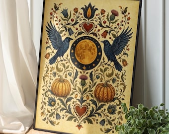 Halloween Folk Art Print, Raven and Full Moon Poster, Floral Pumpkin Decor, Fall Vibes