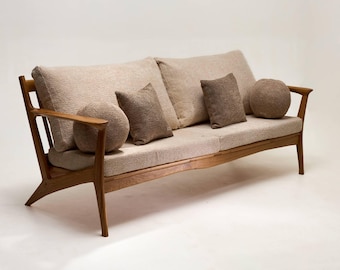 Handcrafted Solid Oak Sofa with Cushions, Scandinavian Wooden Couch, Luxury Handmade Furniture