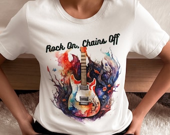 Chica de rock de estilo moderno, camiseta de rock & roll, camisa de guitarra, mujer compositora, rock and roll, música encadenada, camiseta de compositor