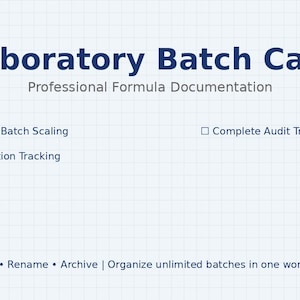 May include: A white digital document titled Laboratory Batch Card with a blue grid background. It features the OpenBox Chemistry logo, text for Automatic Batch Scaling, Complete Audit Trail, and Reconciliation Tracking, plus options to Copy, Rename, and Archive.