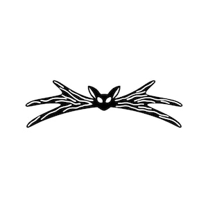 May include: A black graphic design featuring a central bat-like creature with pointed ears and almond-shaped eyes, flanked by two symmetrical, elongated, branch-like wing structures that extend outward with a textured, vein-like appearance.