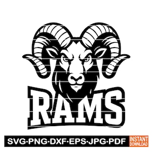 May include: A black and white graphic of a ram's head with large curved horns and the word "RAMS" in bold letters. The image is a digital design, suitable for various applications.