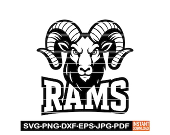 May include: A black and white graphic of a ram's head with large curved horns and the word "RAMS" in bold letters. The image is a digital design, suitable for various applications.