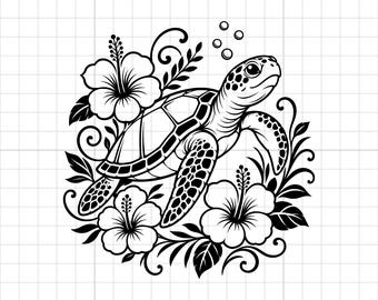 Floral Hibiscus Sea Turtle SVG PNG DXF: Sea Life Cut File for Cricut