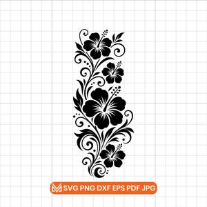 May include: A black graphic design featuring a vertical arrangement of four hibiscus flowers surrounded by swirling vine patterns and leaves. Below the floral illustration, an orange rectangular label contains the white text SVG PNG DXF EPS PDF JPG.