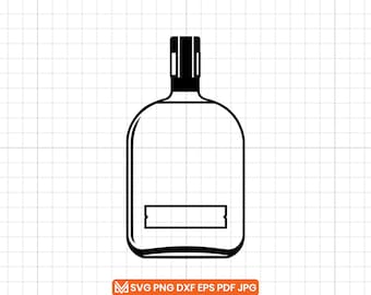 Puede incluir: Ilustración vectorial en blanco y negro de una botella de licor. La botella tiene un cuerpo rectangular con bordes redondeados, un cuello corto y un área de etiqueta rectangular. La tapa es negra con líneas verticales.