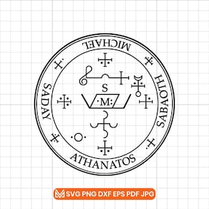 May include: A circular black and white graphic design featuring the text MICHAEL, SADAY, SABAOTH, and ATHANATOS arranged around the perimeter. The center contains complex geometric symbols, lines, and the letters S and M enclosed in a frame.