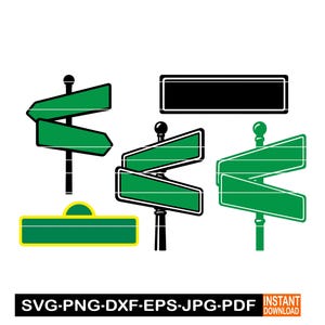 Puede incluir: Una colecci&oacute;n de dise&ntilde;os de se&ntilde;ales de tr&aacute;fico verdes y negras. Las se&ntilde;ales tienen varias formas, incluyendo rectangulares y en forma de flecha, con postes negros y un fondo blanco. La imagen incluye el texto "SVG-PNG-DXF-EPS-JPG-PDF" y "INSTANT DOWNLOAD".