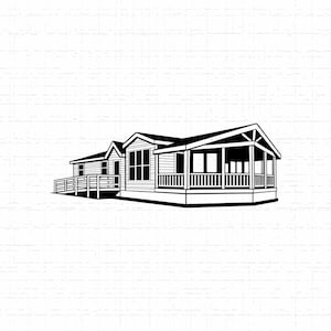 May include: A monochrome illustration of a house featuring a porch and a deck. The house has a gabled roof and several windows. The porch is equipped with a railing and columns, while the deck also has a railing. The background is white.