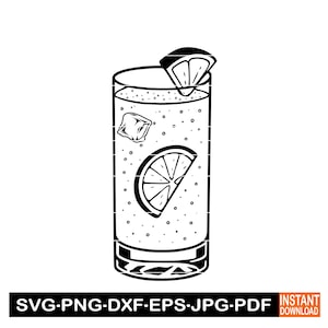 May include: Black and white illustration of a tall glass filled with a beverage, ice cubes, and a lemon slice. Another lemon slice is on the side of the glass. The bottom of the image has the text "SVG-PNG-DXF-EPS-JPG-PDF INSTANT DOWNLOAD".