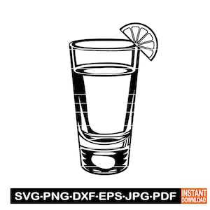 May include: A black and white illustration of a shot glass with a lime wedge on the rim. The glass is filled with a liquid.