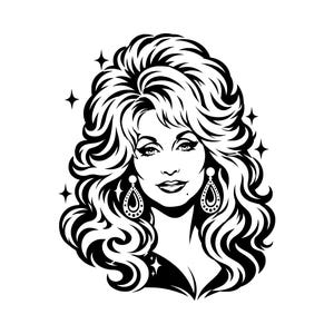 May include: A black and white graphic illustration of a person with voluminous, wavy hair, wearing large teardrop-shaped earrings. The design features stylised star accents surrounding the head, creating a high-contrast portrait with bold lines.