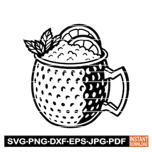 Mint Lime Mule SVG, Kupferbecher Cocktail Silhouette, Sommergetränk SVG, Schwarz-Weiß-Linie Kunst, Mint Lime Mule Cut-Datei für Cricut