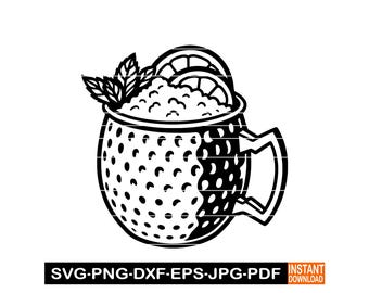 Moscow Mule SVG, Copper Mug Cocktail Silhouette, Summer Drink SVG, Black and White Line Art, Mint Lime Mule Cut File for Cricut