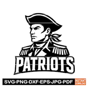 May include: A monochrome graphic featuring a profile of a man in a tricorn hat and military attire, with the word "PATRIOTS" below. The image also includes file type information.