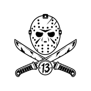 May include: A black and white graphic illustration featuring a hockey mask positioned above two crossed machetes. A circular emblem sits at the intersection of the blades, displaying the number 13 in a bold, distressed font style.