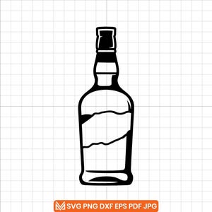 May include: A black and white vector illustration of a liquor bottle. The bottle has a rectangular label area and a square cap. The image is a digital graphic, suitable for various design applications.