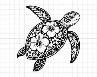 Sea Turtle SVG PNG DXF: Hibiscus Floral Cut File for Cricut and Laser