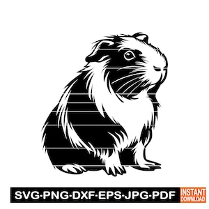 May include: Black and white graphic of a guinea pig in a sitting position. The image is a vector design, suitable for various applications. The bottom of the image includes text indicating file formats: SVG, PNG, DXF, EPS, JPG, and PDF.