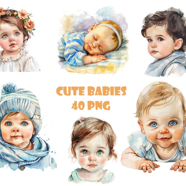 Watercolor Cute Babies Clipart, Sleeping Baby, Laughing Baby, Cute Baby Illustrations, 40 Separate PNG Image, Instant Digital Download