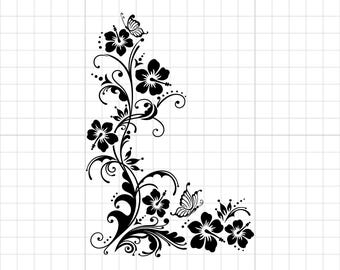 Hibiscus Butterfly Floral Corner SVG: Tropical Vine Cut File