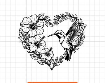 Hummingbird SVG: Hibiscus Heart Cut File for Cricut