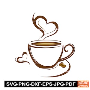 Taza de café del corazón SVG, taza con vapor del corazón SVG, café SVG, imágenes prediseñadas, archivos para Cricut, archivos cortados para silueta, Dxf, Png, Eps, vector