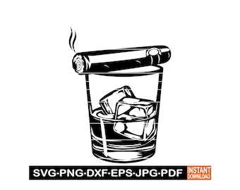 Whiskey and Cigar SVG, PNG, DXF, Bourbon Glass Clipart, Cigar Silhouette Cut File, Old Fashioned Whiskey Design for Cricut