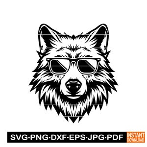 Può includere: Illustrazione in bianco e nero di un lupo con occhiali da sole. La pelliccia del lupo è dettagliata e gli occhiali da sole sono di stile semplice e classico.