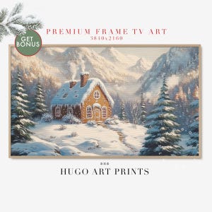 Peut inclure: Une peinture représentant une maison en pain d'épices dans un paysage montagneux enneigé. La maison est brune avec du glaçage blanc et un toit rouge. Il y a des arbres et de la neige au sol. Le texte "HUGO ART PRINTS" est en bas de l'image.