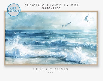 Samsung Frame TV Art Summer Abstract Ocean Waves Seascape Instant Digital Download Beach Painting, Blue Cool Toned Watercolor Screensaver TV