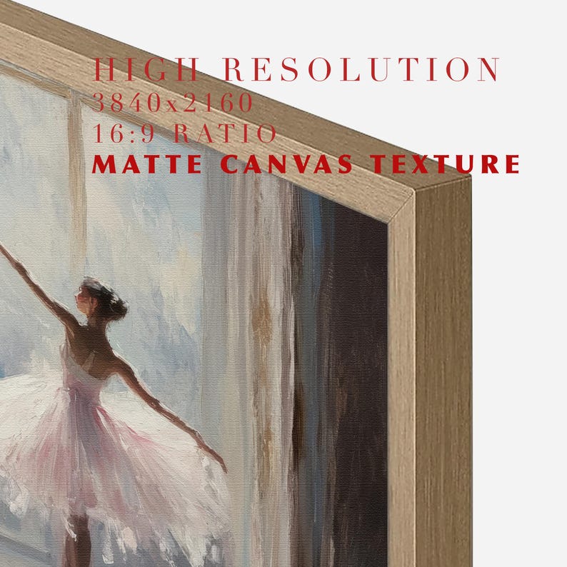 Puede incluir: Una pintura enmarcada de una bailarina en un tut&uacute; rosa, de pie de puntillas con los brazos extendidos. El fondo es azul claro y blanco, con un toque de marr&oacute;n. El marco es de madera marr&oacute;n claro.