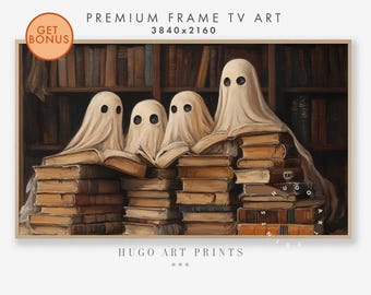 May include: A painting of four ghosts reading books in a library. The ghosts are white and translucent, and they are sitting on a pile of books. The books are old and have brown leather covers. The library is dark and has wooden shelves filled with books.