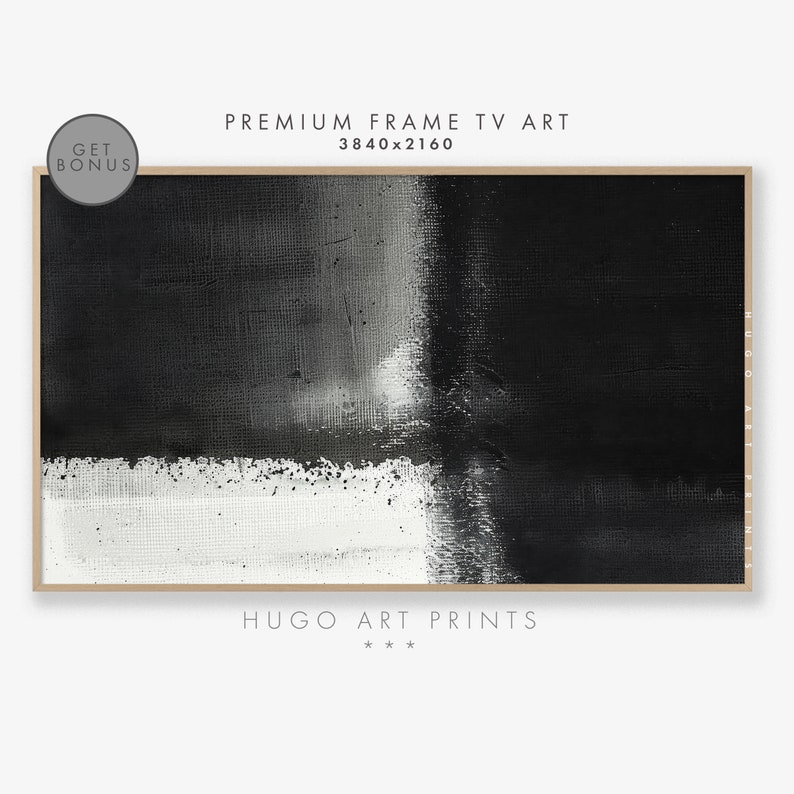 May include: Abstract black and white painting with a textured canvas effect. The painting is framed in a thin, light wood frame. The text "HUGO ART PRINTS" is printed below the painting.