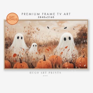フレーム TV アート ハロウィン ゴースト ワイルドフラワー フィールド、ニュートラル ハロウィン ゴースト アート、秋の壁飾り ヴィンテージ 風景、Samsung フレーム TV アート TV331