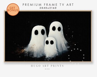 Arte de TV con marco de Halloween, arte de fantasmas, decoración de fantasmas lindos de Halloween, descarga digital de arte espeluznante para televisor Samsung, pintura vintage de Halloween TV320