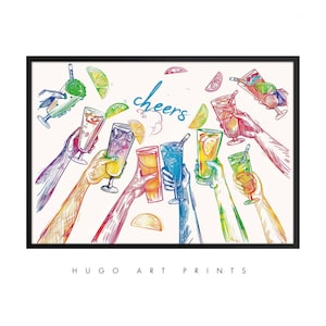 Letni nadruk Cheers Print | Letnia sztuka ścienna | Dekoracja ścienna do baru koktajlowego | Kolorowy wózek ze znakiem Cheers Art, Vintage Cocktail Art Digital Download