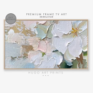 May include: Abstract painting of white flowers with hints of pink, green, and gold. The painting has a textured, brushstroke effect.