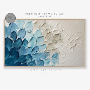 Puede incluir: Pintura abstracta con un efecto texturizado y en capas. La pintura presenta tonos de azul, gris y blanco, creando una estética relajante y moderna. La pintura está enmarcada y lista para colgar.