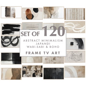 May include: Set of 120 abstract minimalist art prints in a Japanese and boho style. The prints feature a variety of shapes and colors, including black, white, brown, and beige. The prints are framed and ready to hang.