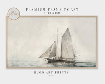 Samsung Frame TV Art, Neutral Coastal, Sailboat Vintage Watercolor Painting, Nautical Wall Decor, Digital Download Art for Frame TV | TV051