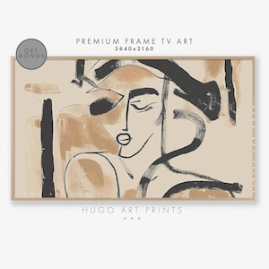May include: Abstract art print featuring a stylized face with black lines and brown paint on a beige background. The print is titled "HUGO ART PRINTS".