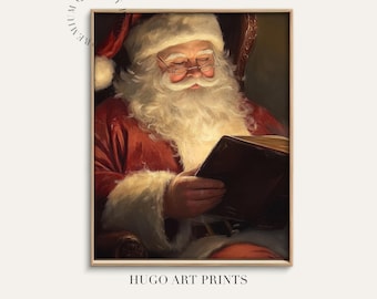 Peinture vintage du père Noël, art mural de Noël imprimable, décoration de vacances confortable, téléchargement numérique du père Noël, art mural de Noël pour enfants affiche du père Noël